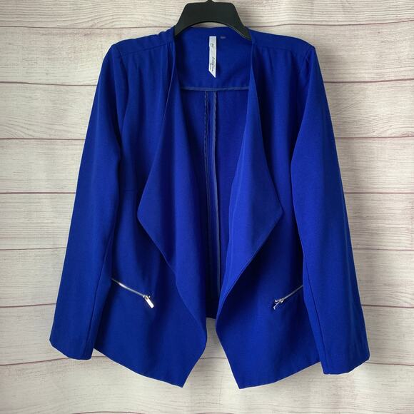 NY Collection Women Royal Blue Blazer Jacket Draped Open Front Zipper Pockets - Picture 1 of 11